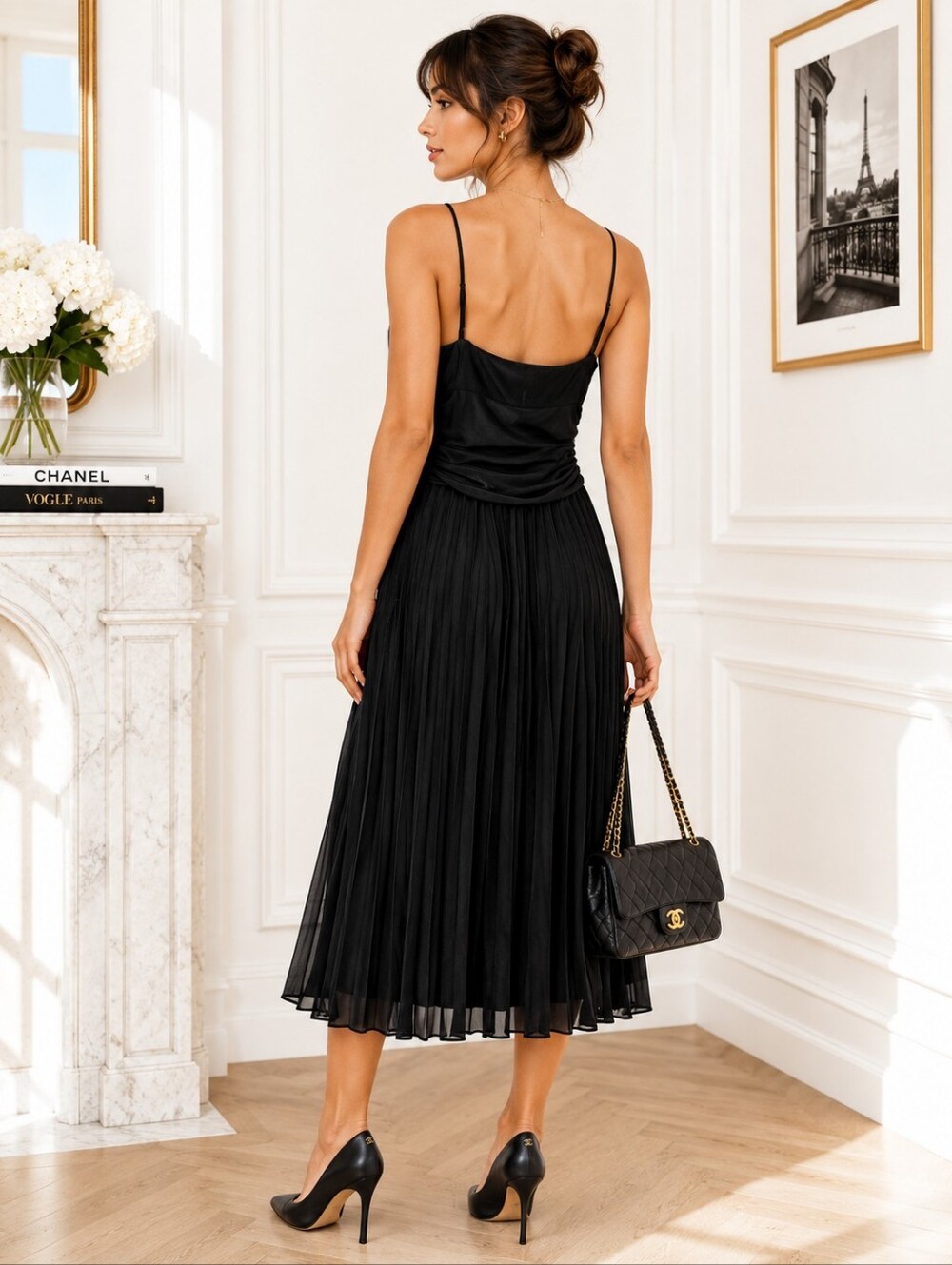 Elegant Black Pleated Midi Dress with Spaghetti Straps - Picture 2 of 8